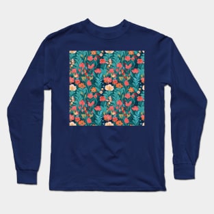 Dark blue cottagecore flower pattern Long Sleeve T-Shirt